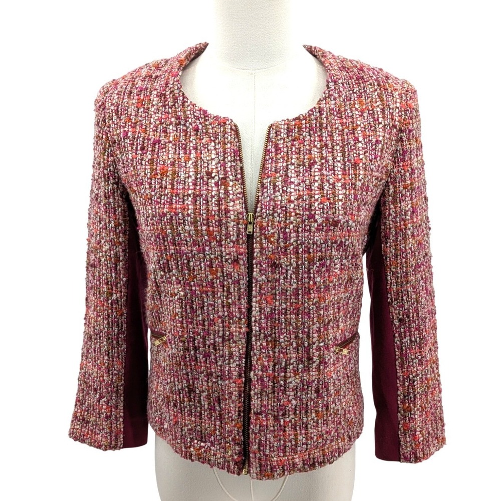 Cartonnier Tweed Blazer Jacket Pink Boucle Wool Blend Zip Front USA Size 2